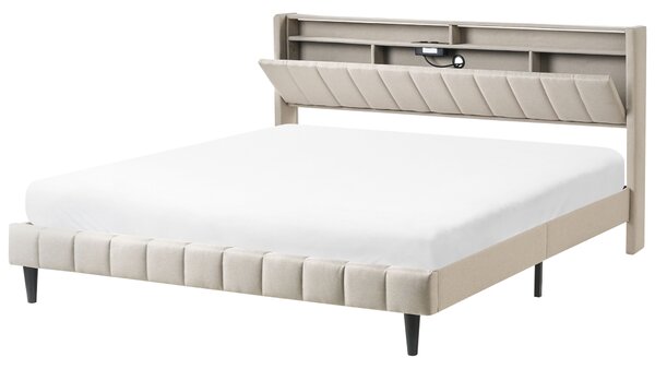 Ágy LED világítással BEAULIEU 180 x 200 cm Ágyneműtartóval USB porttal Bézs