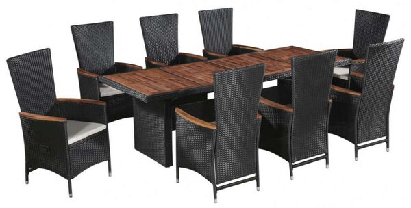 VidaXL 9-részes fekete polyrattan kültéri étkezőszett párnákkal