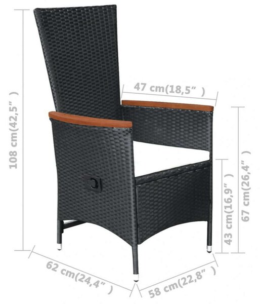 VidaXL 9-részes fekete polyrattan kültéri étkezőszett párnákkal