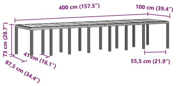 VidaXL Kerti Asztal Világosszürke 400 x 100 x 73 cm polirattan