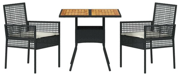 3 darabos kerti étkező szett párnákkal, fekete poli rattan