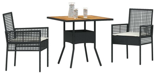 3 darabos kerti étkező szett párnákkal, fekete poli rattan