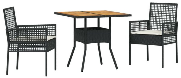 3 darabos kerti étkező szett párnákkal, fekete poli rattan