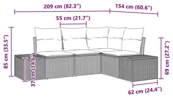 4 részes kerti kanapé készlet párnákkal barna poli rattan