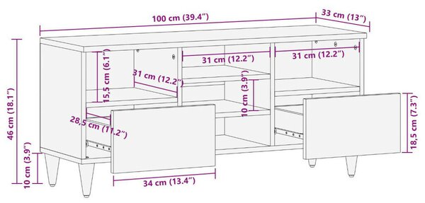 VidaXL TV Szekrény 100x33x46 cm Tömör Mangófából