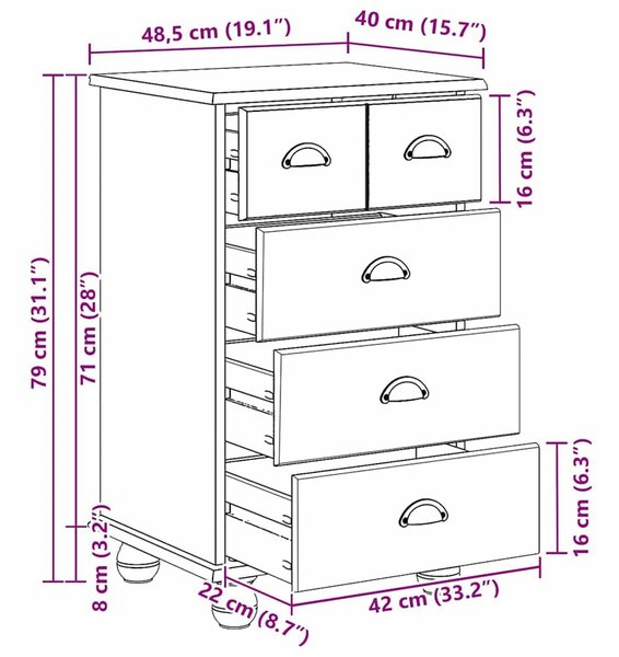 VidaXL Fiókos Szekrény ASKIM Barna 45.8 x 40 x 79 cm Tömör fenyőfa