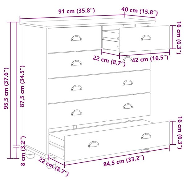 VidaXL Fiókos Szekrény ASKIM Barna 91 x 40 x 95,5 cm Tömör fenyőfa