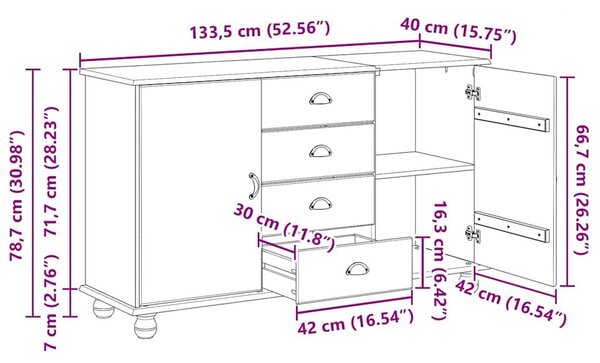 VidaXL Széf fiókkal ASKIM Barna 133.5 x 40 x 79 cm Tömör fenyőfa