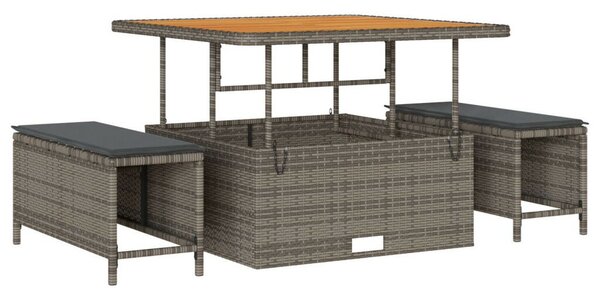 11 Darabos Kerti Kanapé Szett Párnákkal Szürke Poli Rattan Akáccal, 2-Fős Kerti Kanapé Párnákkal Szürke Poli Rattan, 3 Darabos Kerti Dining Szett Párnákkal Szürke Poli Rattan Akáccal