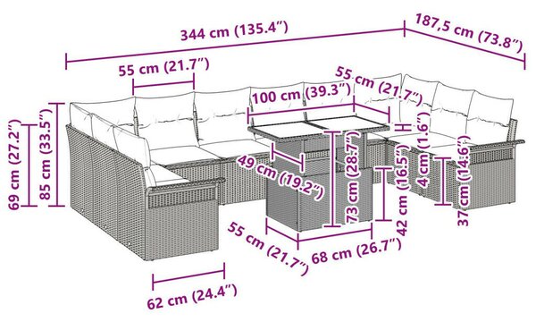 11 darabos kerti kanapé szett párnákkal Bézs Poli Rattan, 2 személyes kerti kanapé tárolóval és párnákkal Bézs Poli Rattan