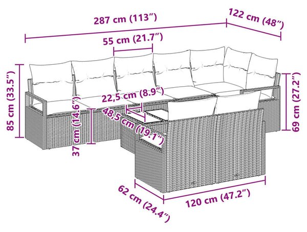 8 darabos kerti kanapé szett párnákkal szürke poli rattan, 2 személyes kerti kanapé párnákkal barna poli rattan
