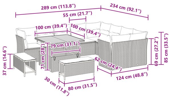 12 Részes Kerti Dívány Készlet Párnákkal Szürke Poli Rattan Akáciával, 3 Részes Kerti Kávézó Készlet Párnákkal Szürke Poli Rattan Akáciával