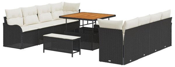 11 darabos kerti kanapé szett párnákkal fekete poli rattan akác, 2 fős kerti kanapé tárolóval és párnákkal fekete poli rattan, 3 darabos kerti étkező szett párnákkal fekete poli rattan akác