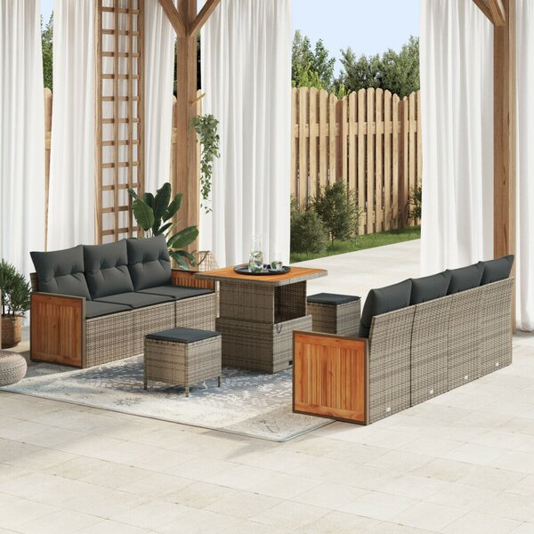 10 Darabos Kerti Sofa Szett Párnákkal Szürke Poli Rattan Akácia, 3 Darabos Kerti Étkező Szett Párnákkal Szürke Poli Rattan Akácia