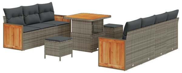 10 Darabos Kerti Sofa Szett Párnákkal Szürke Poli Rattan Akácia, 3 Darabos Kerti Étkező Szett Párnákkal Szürke Poli Rattan Akácia