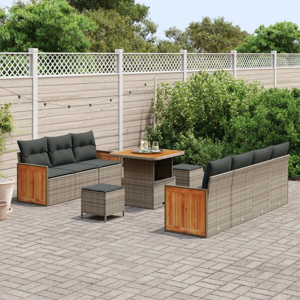 10 Darabos Kerti Sofa Szett Párnákkal Szürke Poli Rattan Akácia, 3 Darabos Kerti Étkező Szett Párnákkal Szürke Poli Rattan Akácia