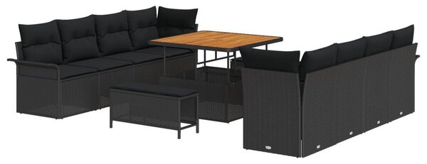 11 darabos kerti kanapé szett párnákkal fekete poli rattan akáccal, 2 személyes kerti kanapé tárolóval és párnákkal fekete poli rattan, 3 darabos kerti étkező szett párnákkal fekete poli rattan akáccal