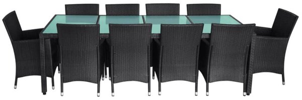 11-részes fekete polyrattan kültéri étkezőszett párnákkal