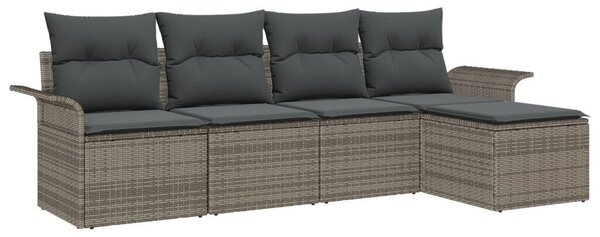 5 részes Kert Kanapé Szett Párnákkal Szürke Poli Rattan, 2-személyes Kert Kanapé Tárolóval &amp; Párnákkal Szürke Poli Rattan