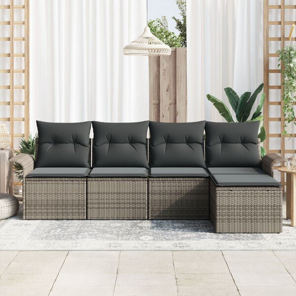 5 részes Kert Kanapé Szett Párnákkal Szürke Poli Rattan, 2-személyes Kert Kanapé Tárolóval &amp; Párnákkal Szürke Poli Rattan