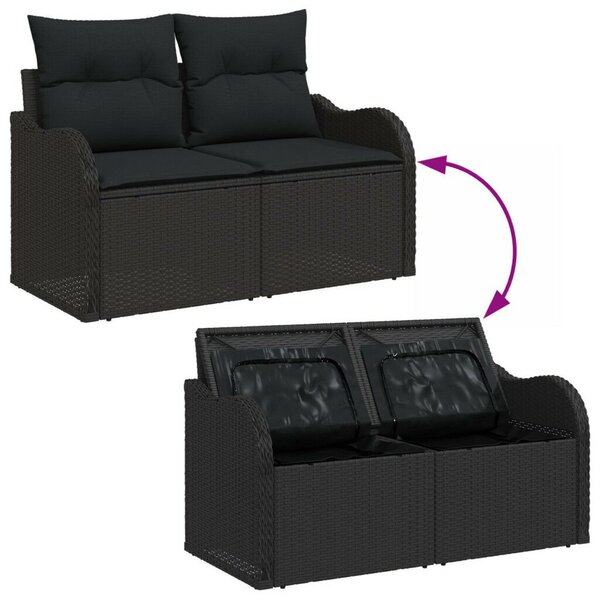5 darabos kerti kanapé szett, párnákkal, fekete poly rattan, 2 fős kerti kanapé tárolóval és párnákkal, fekete poly rattan