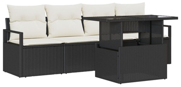 5 részes kerti kanapé szett párnákkal, fekete poli rattan, 2 személyes kerti kanapé párnákkal, fekete poli rattan
