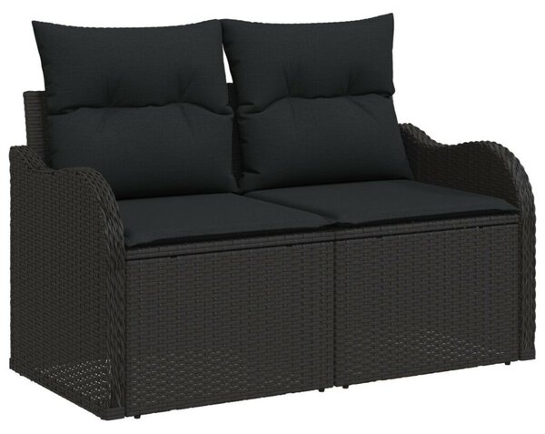 5 darabos kerti kanapé szett, párnákkal, fekete poly rattan, 2 fős kerti kanapé tárolóval és párnákkal, fekete poly rattan