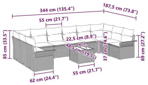 10 részes kert kanapé szett párnákkal barna polirattan