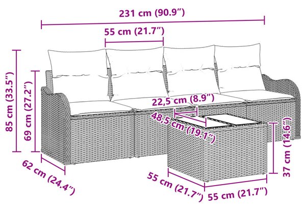 5 darabos kertikészlet párnákkal, világosszürke poli rattannal, 2 személyes kertikészlet párnákkal, világosszürke poli rattannal