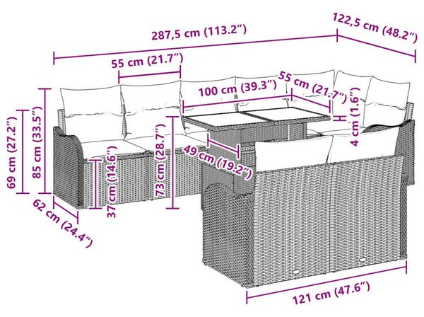 9 Darabos Kert Sofa Szett Párnákkal Barna Poli Rattan, 2-Fős Kert Sofa Tárolóval és Párnákkal Barna Poli Rattan