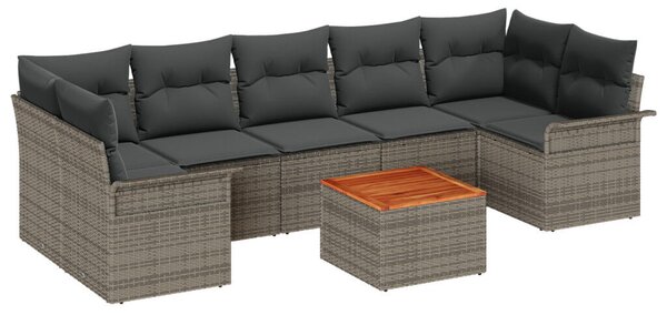 8 darabos Kerti Kanapé Szett Párnákkal Szürke Poli Rattan Acacia, 2-fős Kerti Kanapé Tárolóval és Párnákkal Szürke Poli Rattan