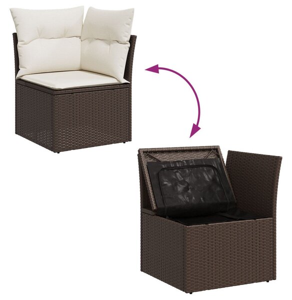 9 Darabos Kert Sofa Szett Párnákkal Barna Poli Rattan, 2-Fős Kert Sofa Tárolóval és Párnákkal Barna Poli Rattan