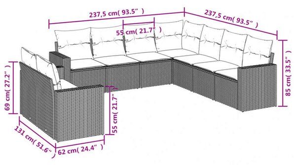 VidaXL Polyrattan Kerti Ülőgarnitúra - 9 részes - Fekete
