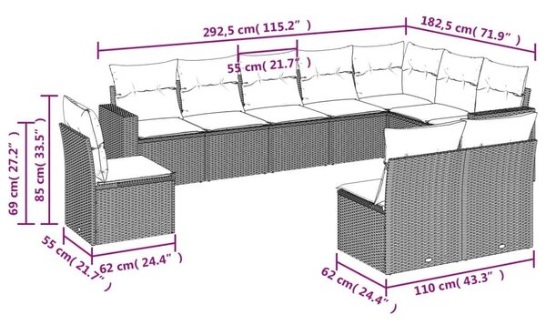 VidaXL Polyrattan Kerti Ülőgarnitúra - 10 részes - Szürke