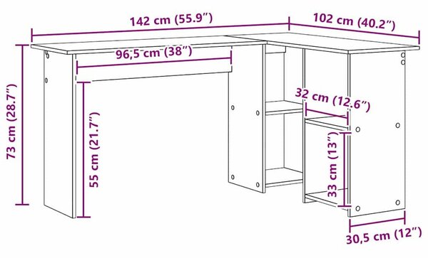 VidaXL Asztal polcokkal kézműves tölgy 142 x 102 x 73 cm Faanyag