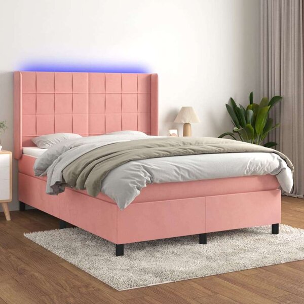 VidaXL rózsaszín bársony rugós és LED-es ágy matraccal 140x200 cm