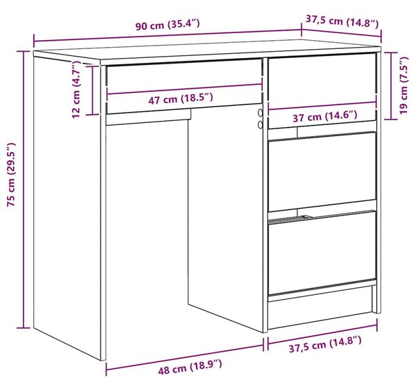 VidaXL Asztal fiókkal polcokkal Régi fa 90 x 37,5 x 75 cm Faanyag