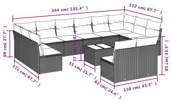 VidaXL Polyrattan Kerti Ülőgarnitúra - 13 részes - Fekete