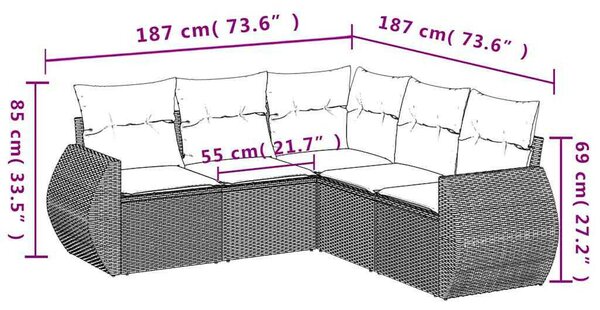 VidaXL Polyrattan Kerti Ülőgarnitúra - 5 részes - Világosszürke
