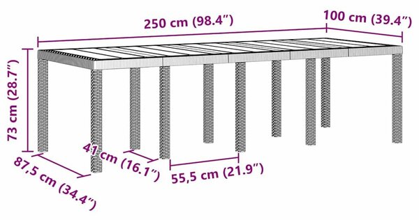 VidaXL Kerti Asztal Fehér 250 x 100 x 73 cm polirattan