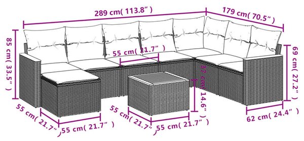 VidaXL 9 részes fekete polyrattan kerti ülőgarnitúra párnákkal