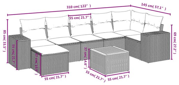 VidaXL 8 részes fekete polyrattan kerti ülőgarnitúra párnákkal