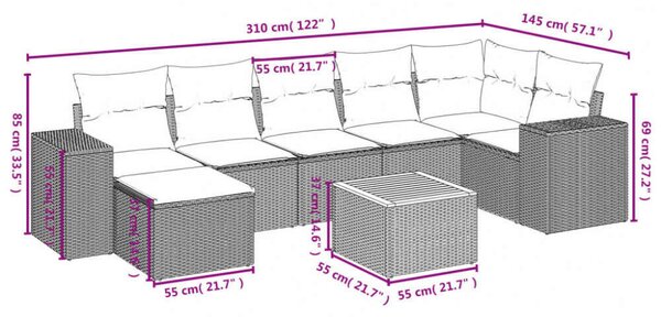 VidaXL 8 részes fekete polyrattan kerti ülőgarnitúra párnákkal