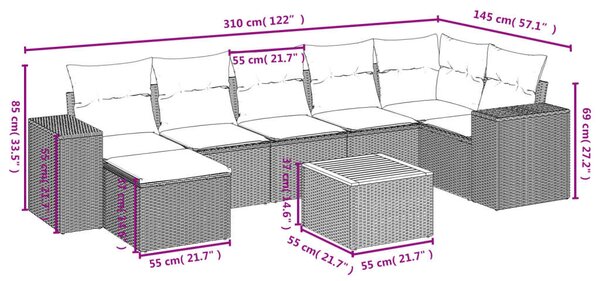 VidaXL 8 részes fekete polyrattan kerti ülőgarnitúra párnákkal