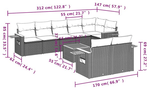 VidaXL 9 részes Kerti Ülőgarnitúra - Fekete Polyrattan