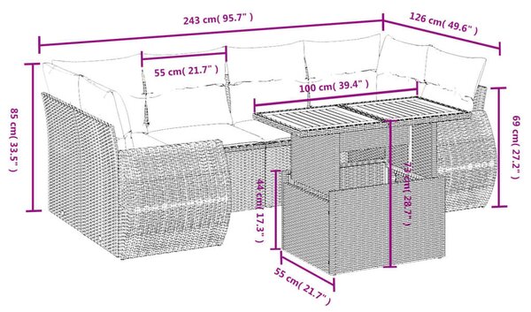 VidaXL Polyrattan Kerti Ülőgarnitúra - 7 részes - Fekete