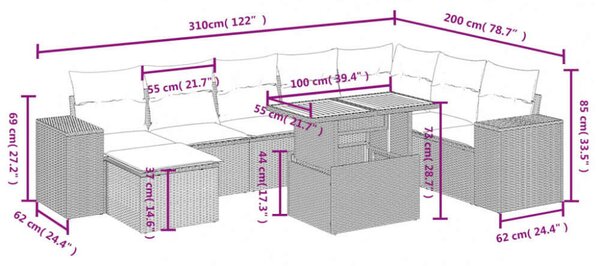 VidaXL Polyrattan Kerti Ülőgarnitúra - 9 részes - Fekete
