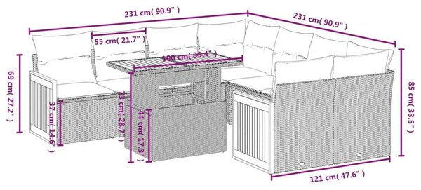 VidaXL Polyrattan Kerti Ülőgarnitúra - 9 részes - Fekete