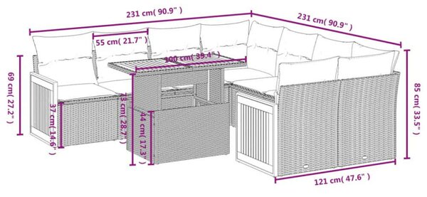 VidaXL Polyrattan Kerti Ülőgarnitúra - 9 részes - Fekete
