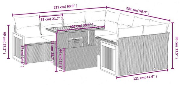 VidaXL Polyrattan Kerti Ülőgarnitúra - 9 részes - Fekete